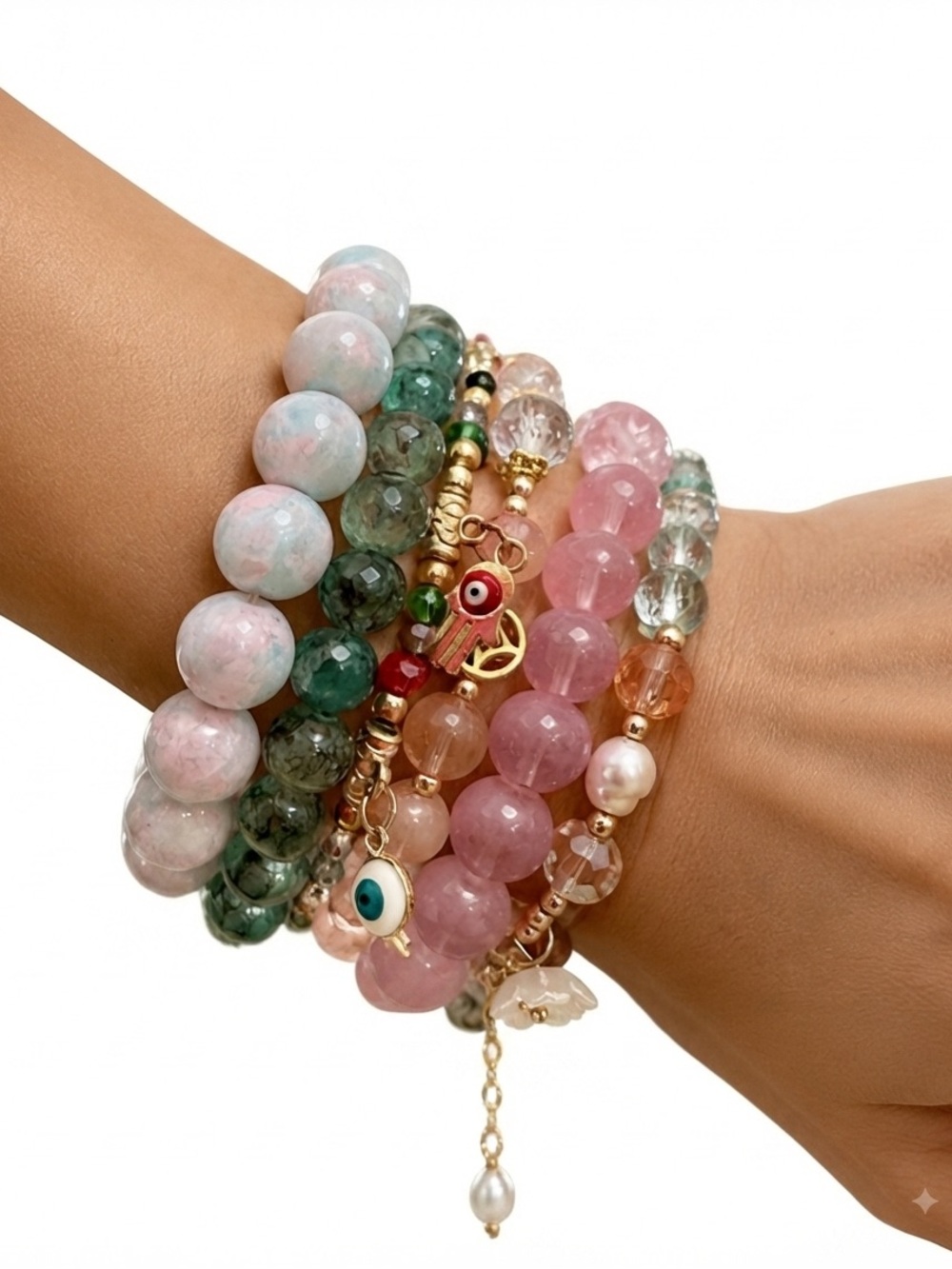 Colorful bohemian Stacked Pink and Green Gemstone Bead Bracelet Set